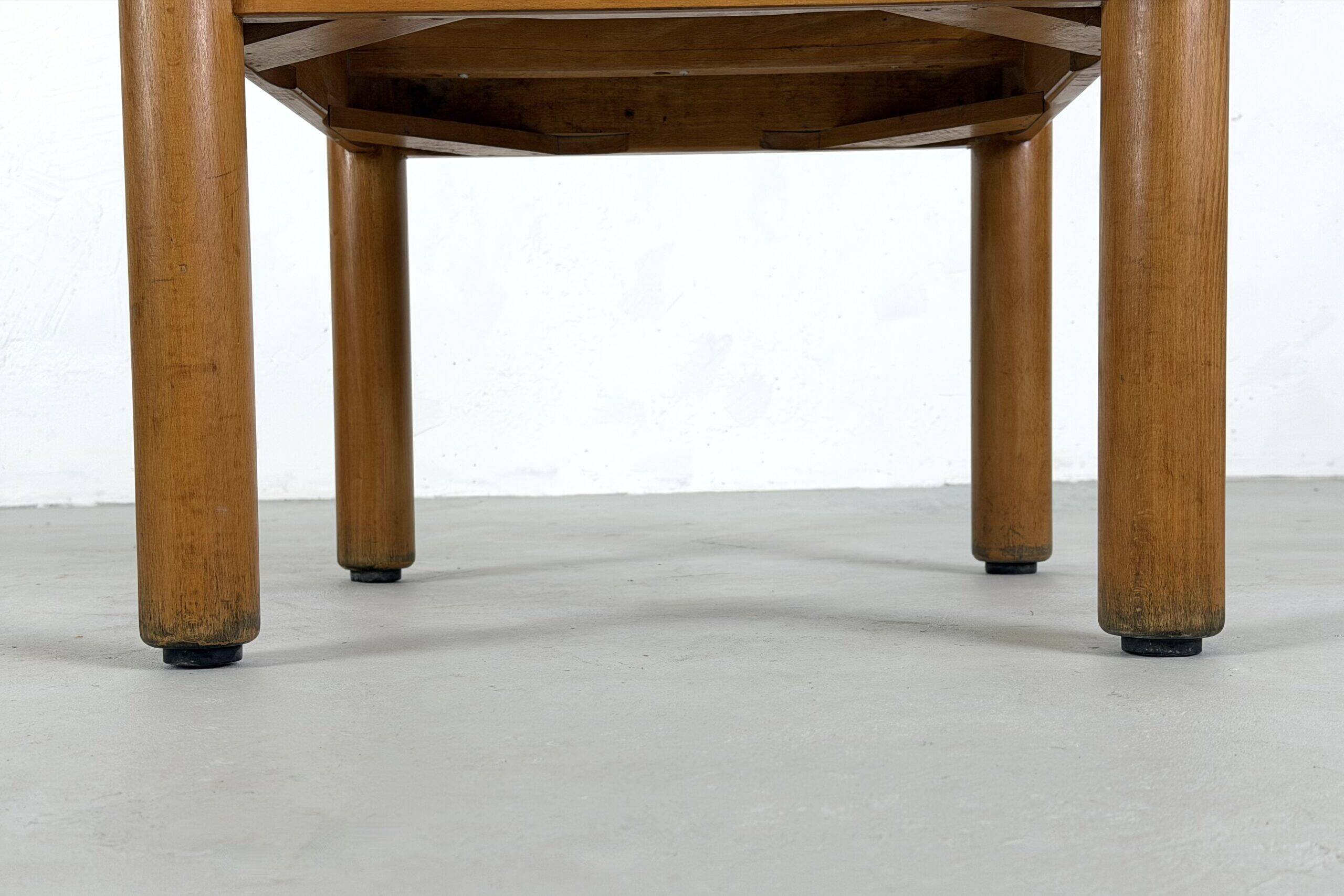 Beech coffee table with a blue formica top, France – 1960s