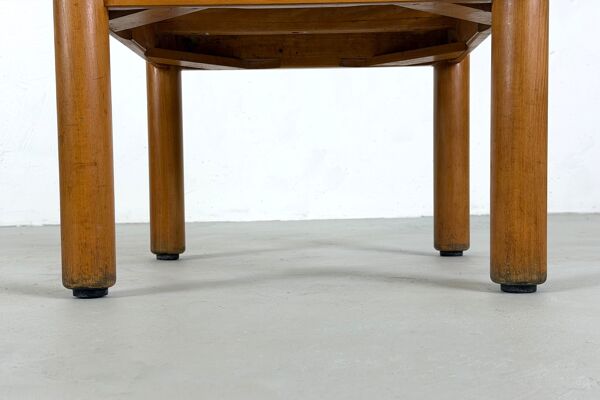 Table basse en hêtre avec plateau en formica bleu, France – 1960s