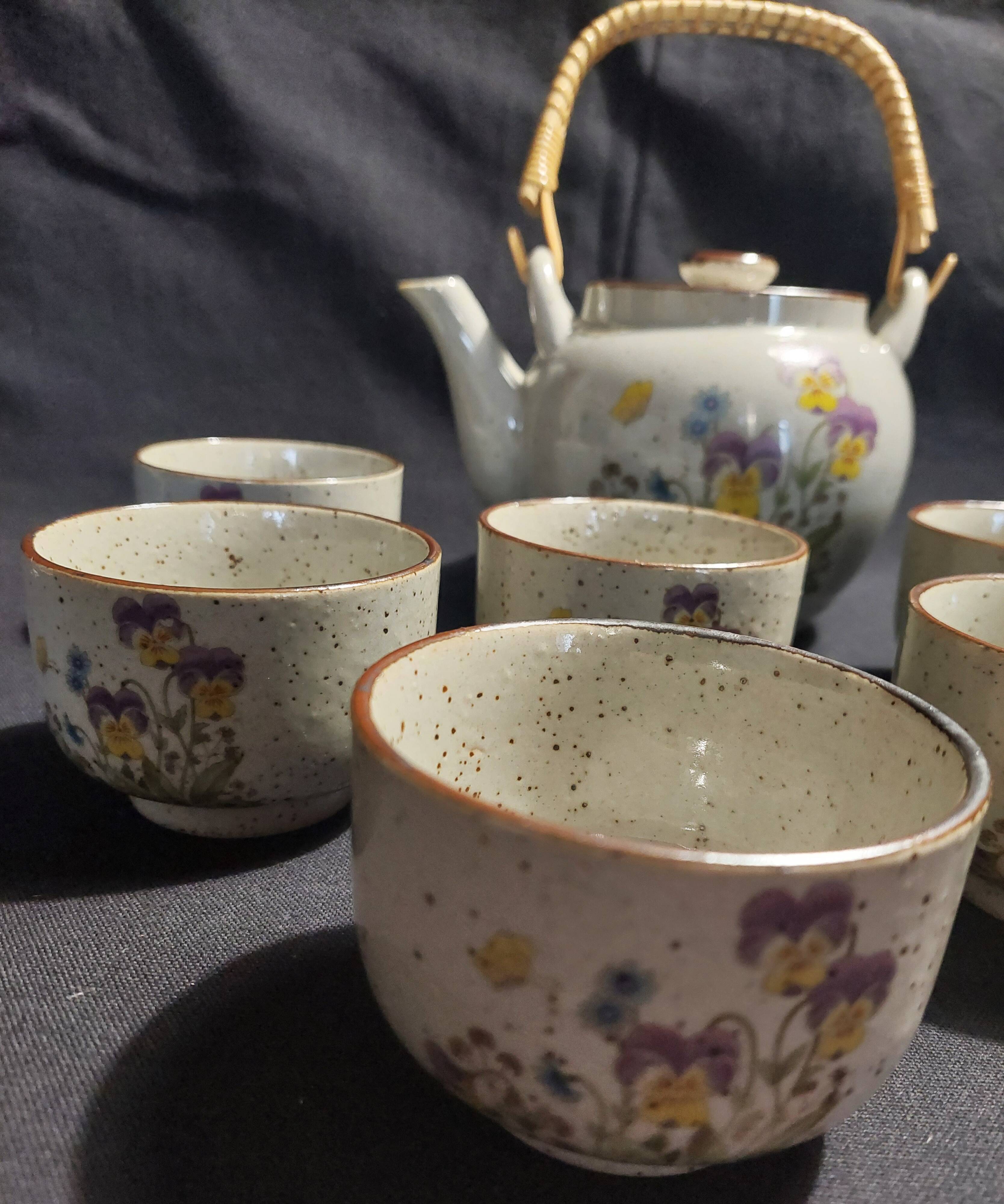 Vintage stoneware six cup tea set and teapot