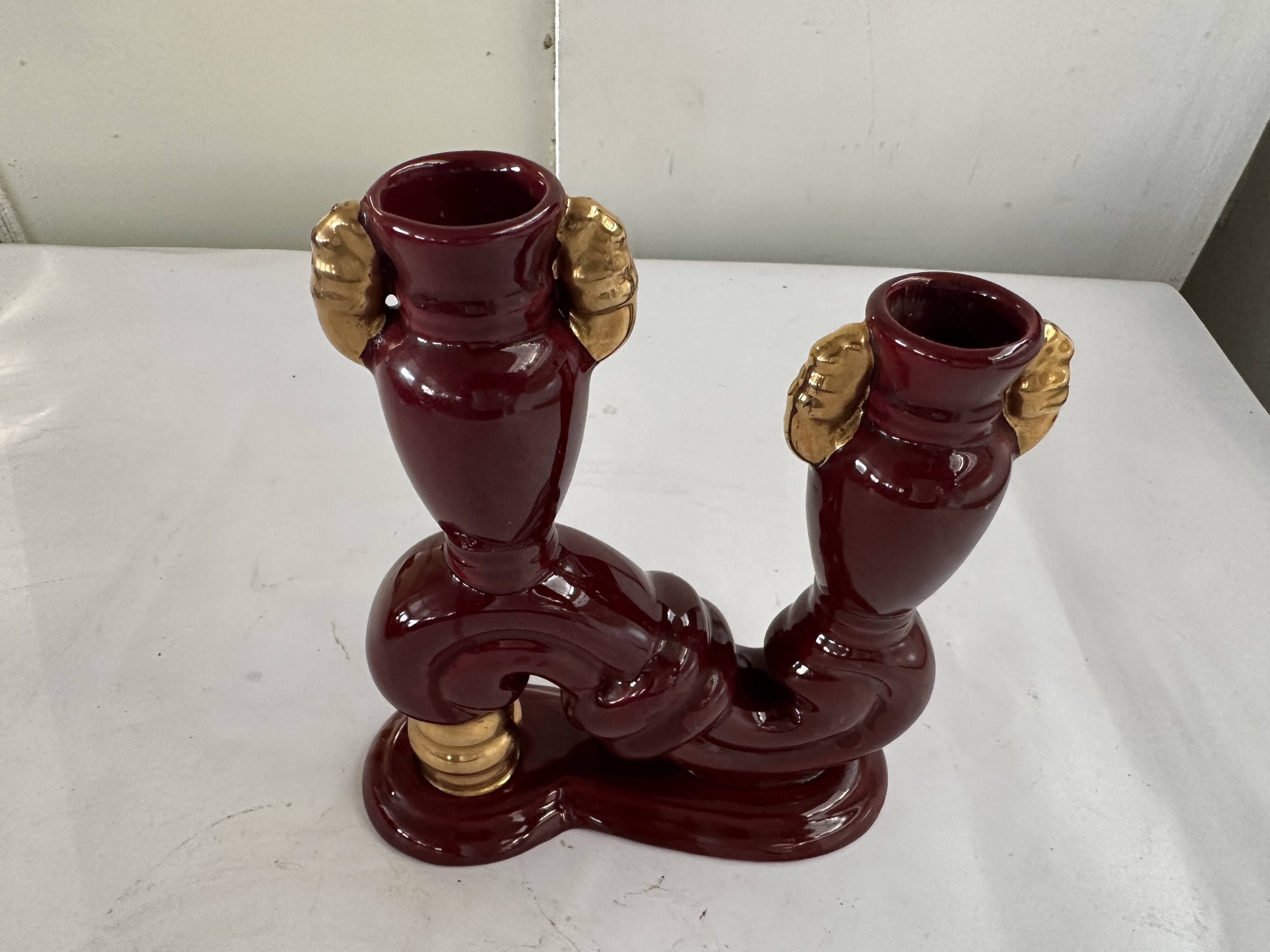Bordeaux and Gold glazed earthenware candlestick attributed to Vallauris, 1950s