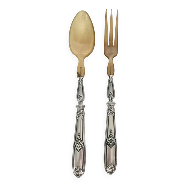 2 couverts de service à salade en argent fourré et corne