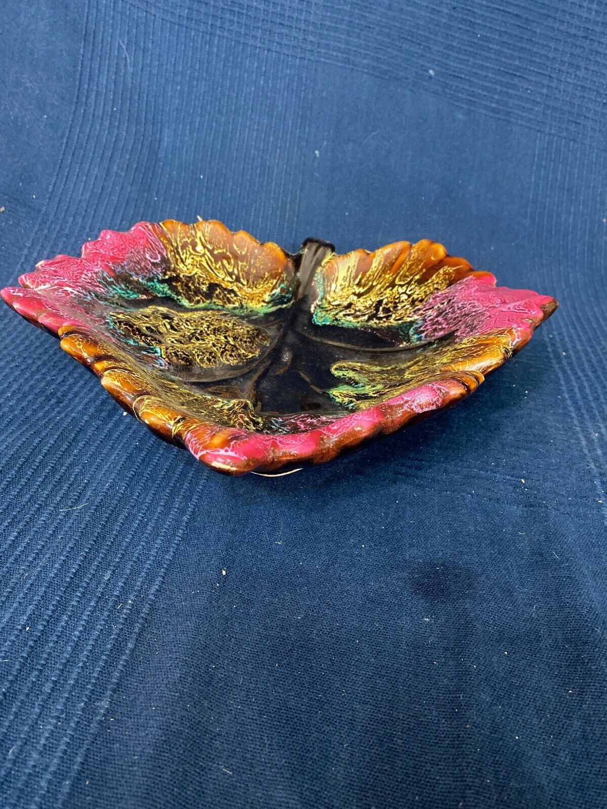 Ceramic leaf-shaped dish by vintage old Vallauris