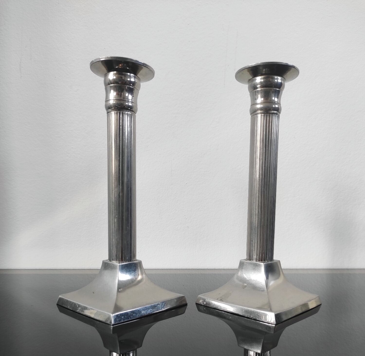 Pair of vintage silver column candlesticks