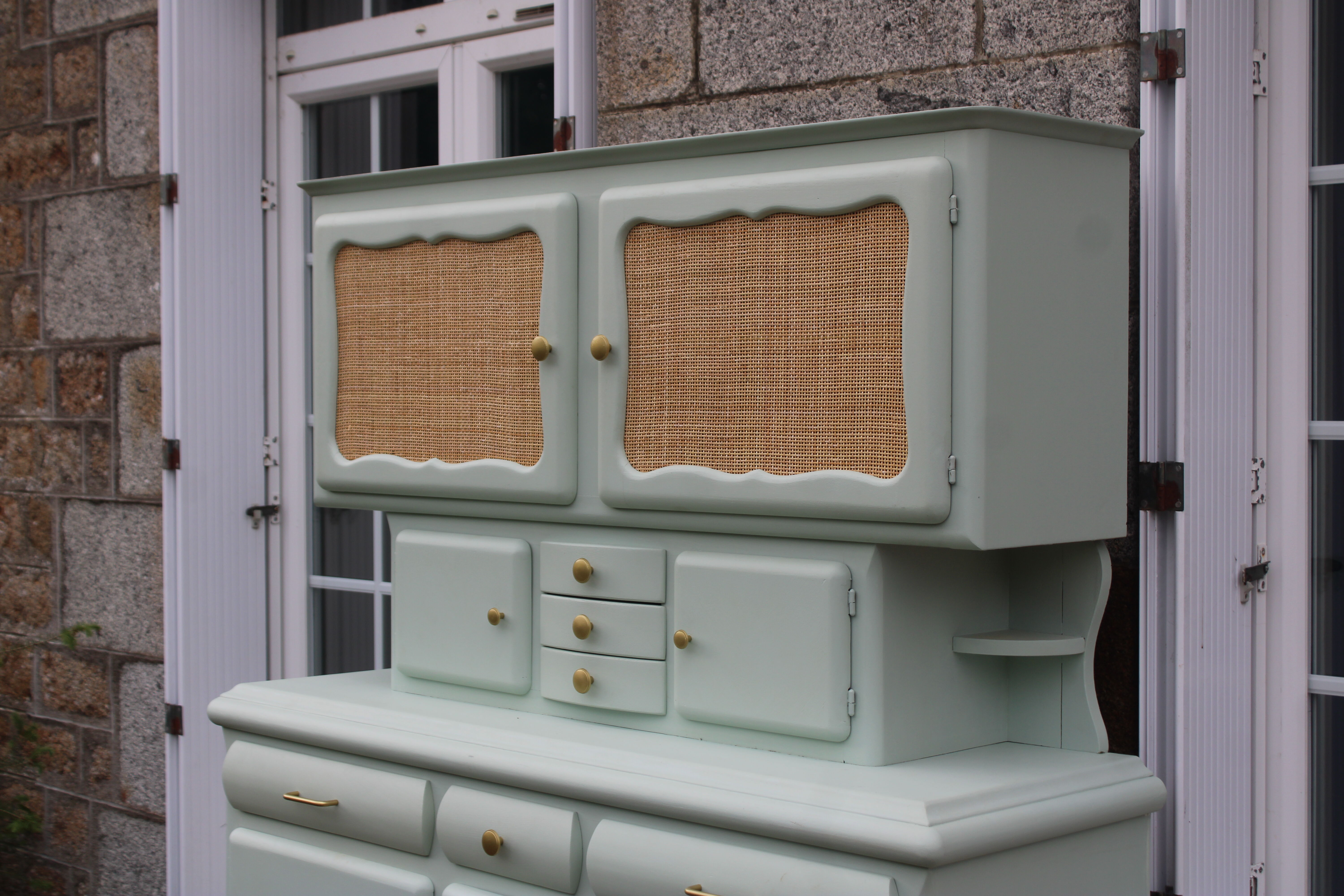 Renovated vintage Mado sideboard – Celadon green & natural cane