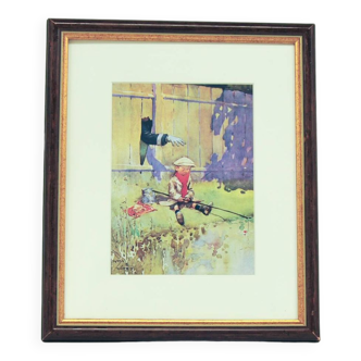 vintage wooden frame fishing child