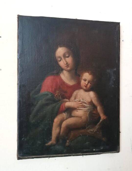 Old painting, oil on canvas, Virgin with Child