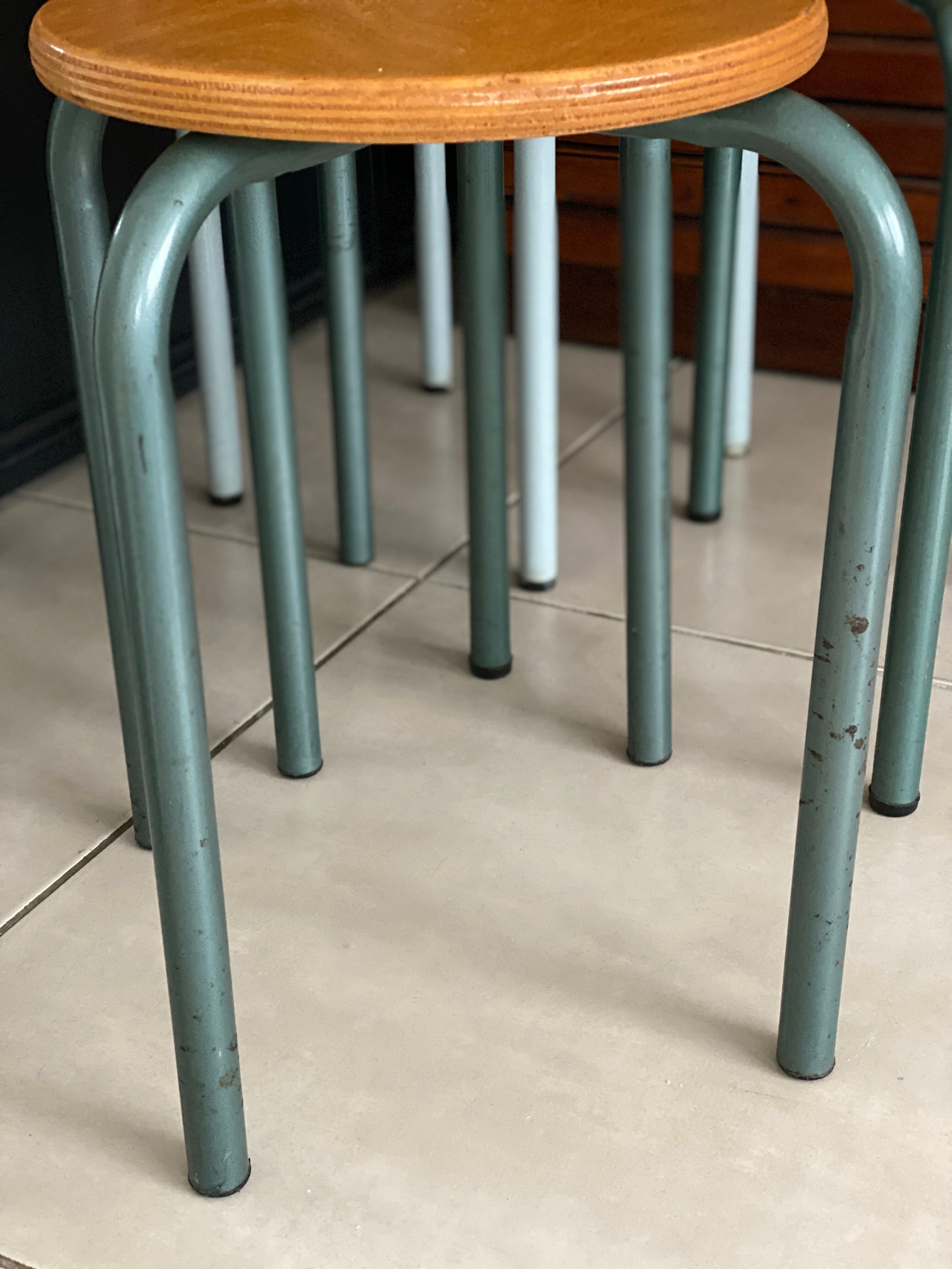 Set of 4 metal and wood workshop stools