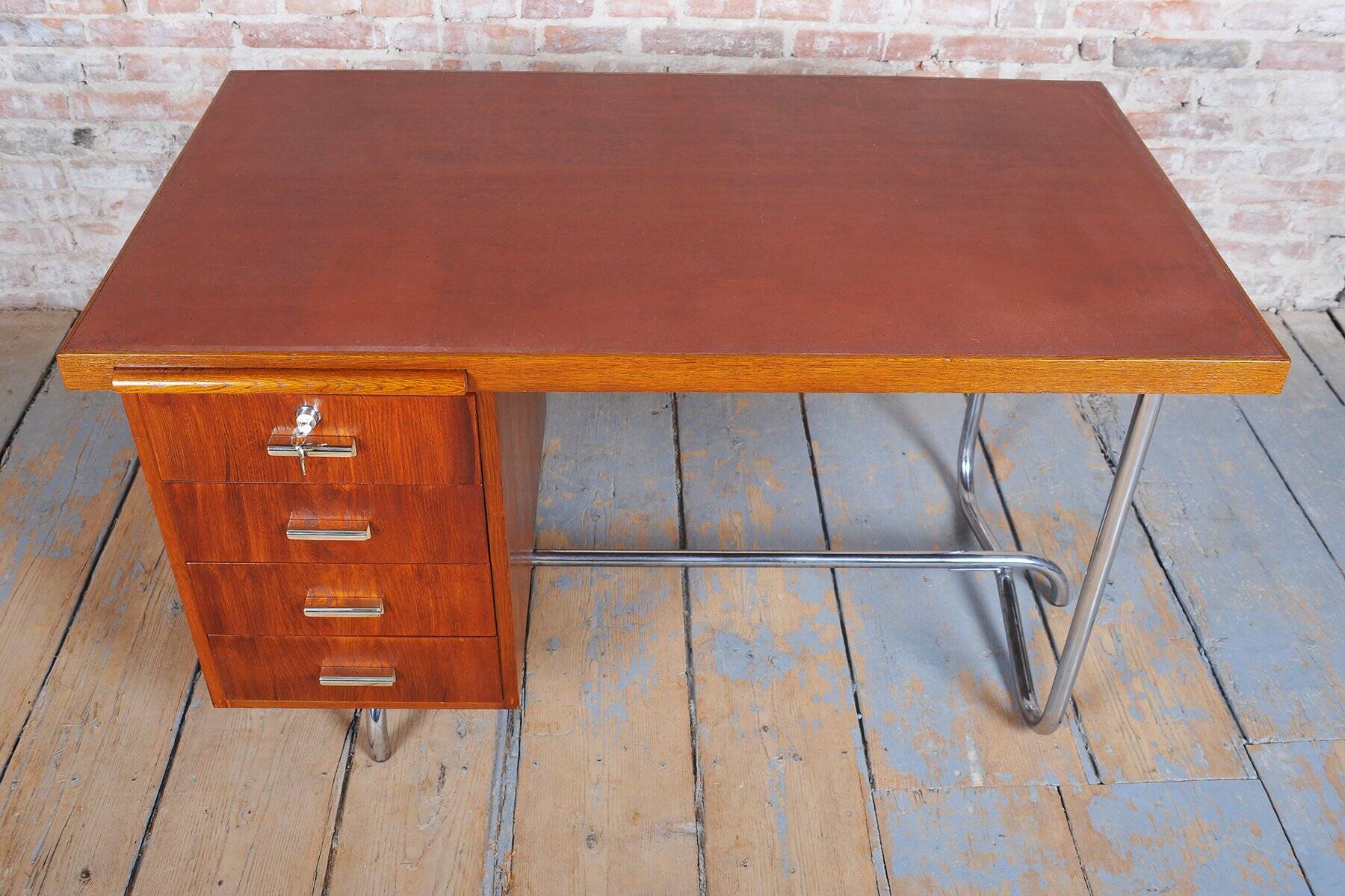 Bauhaus Writing Desk in Oak and Chrome attributed to Hynek Gottwald, Czechia, 1930s
