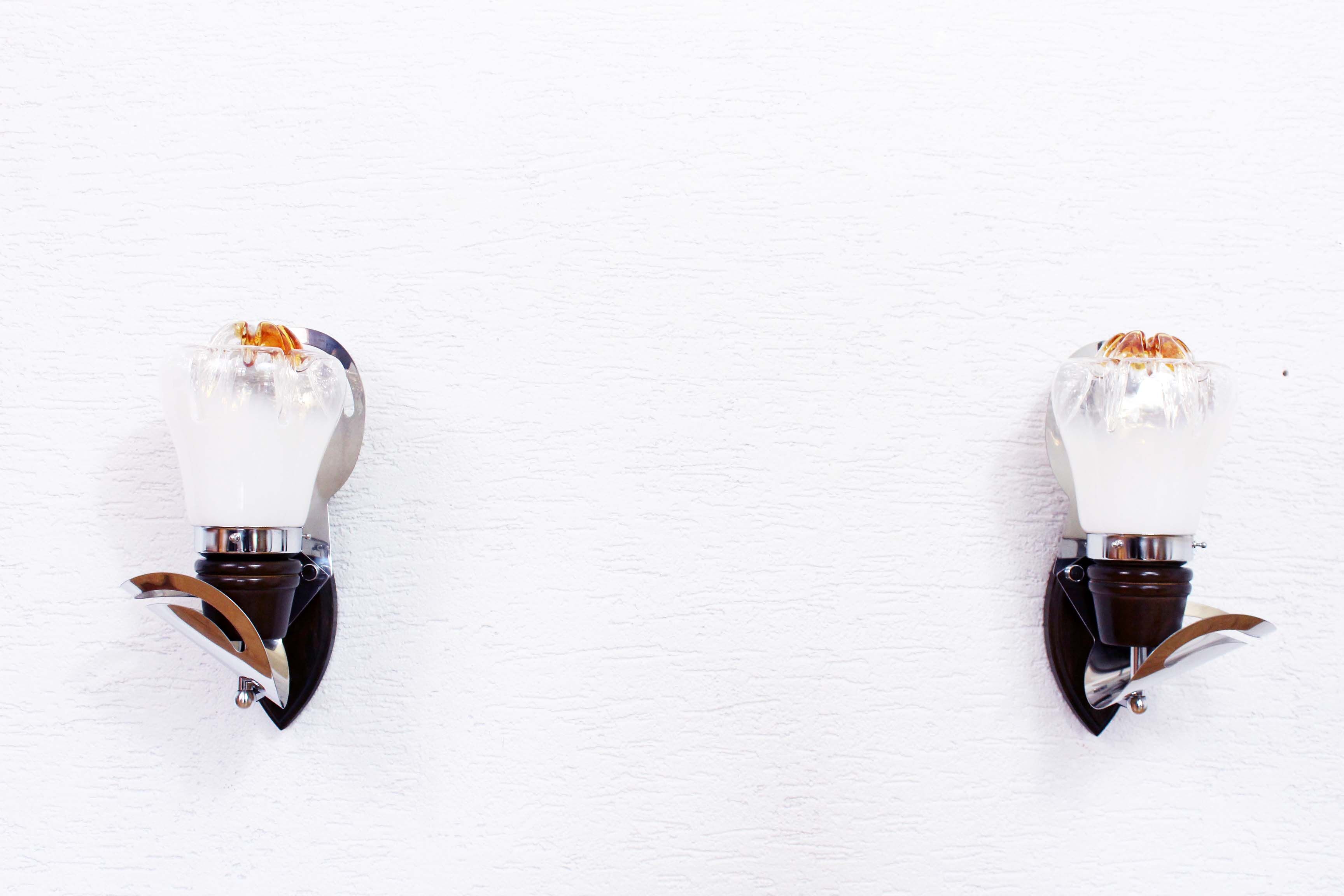 Pair of opal glass and solid wood wall lamps