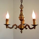 French vintage mid century cast bronze 3 light chandelier wooden drips 4324