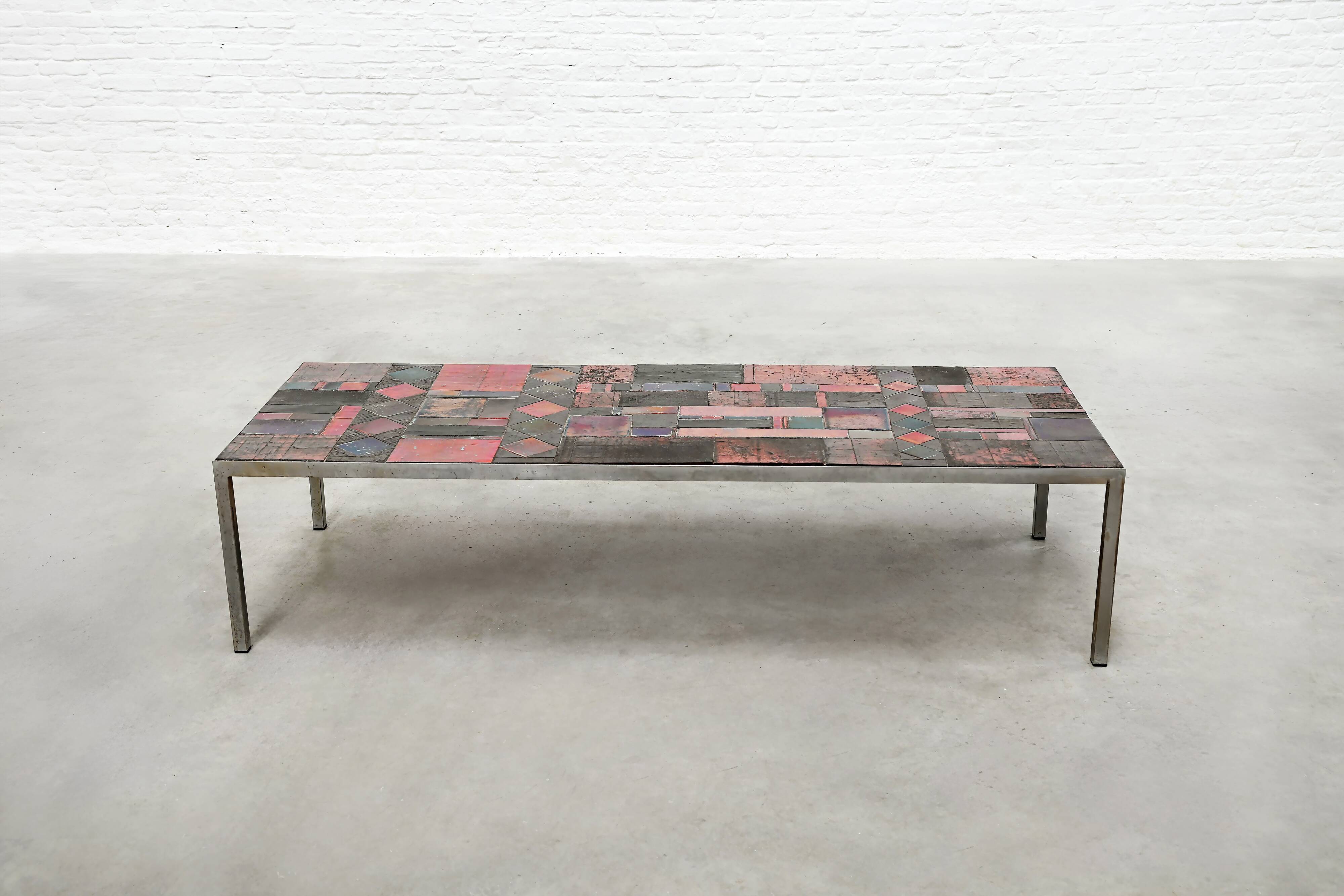 Large Ceramic-Tile Coffee Table by Pia Manu, Handcrafted, Belgium 1960's