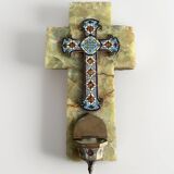 Wall cross with a holy water font in enamel and onyx, 19th century.