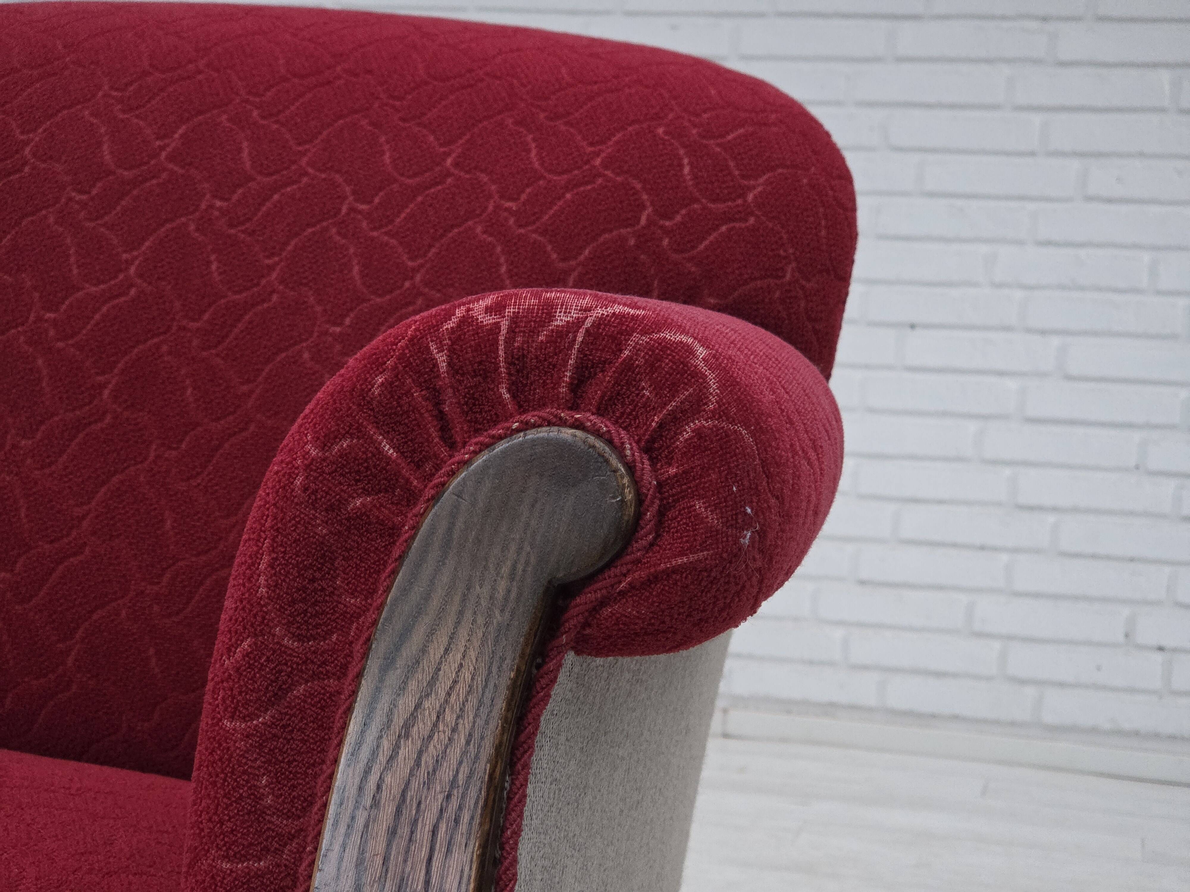 1950s, Danish 3-seater sofa, red and light grey furniture wool, oak wood.