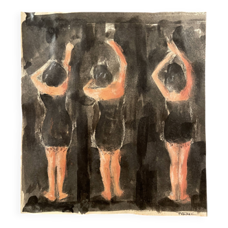 Signed painting in Chinese ink pastel with female portraits "black painting"