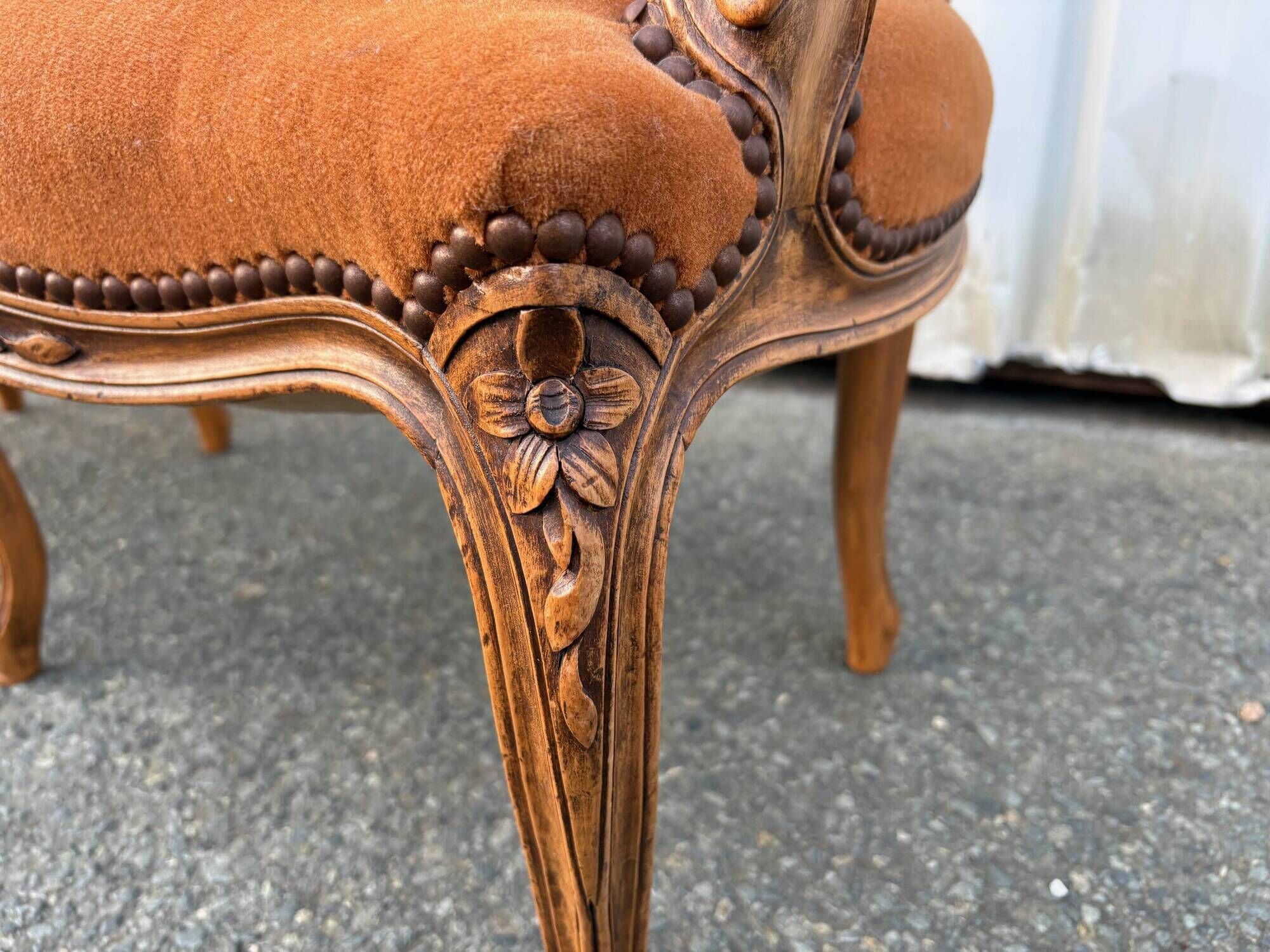 Pair of Louis XV style armchairs in ochre velvet