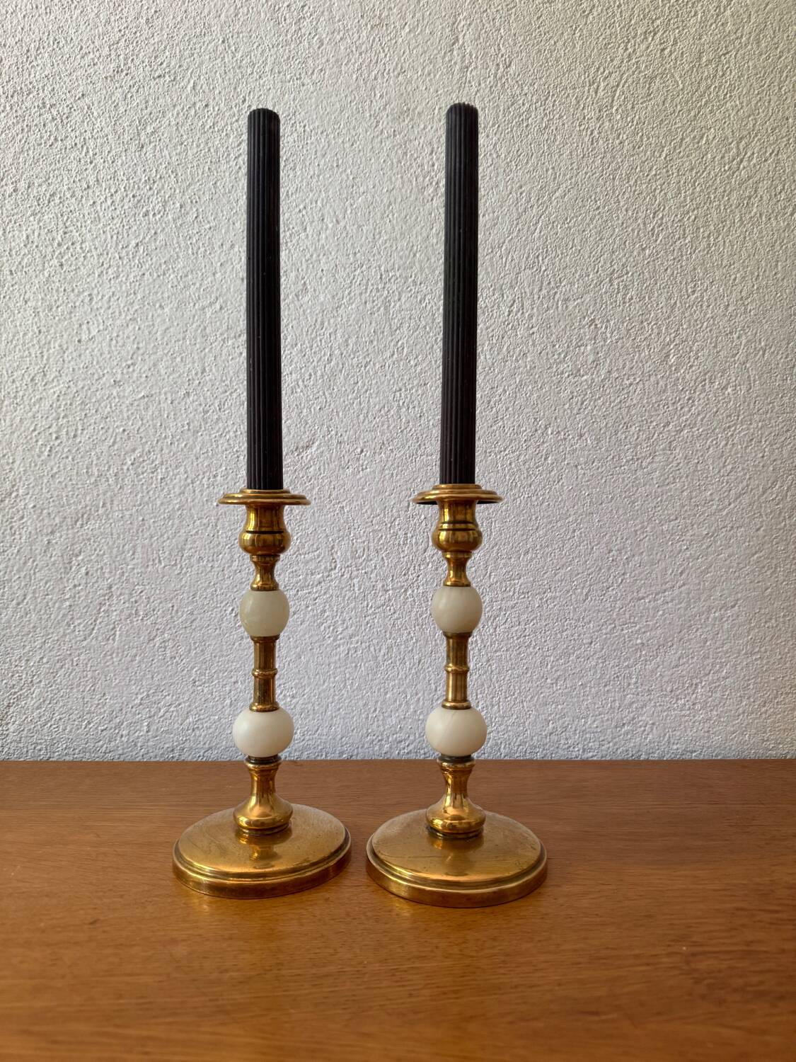 60s gold alabaster metal candlesticks