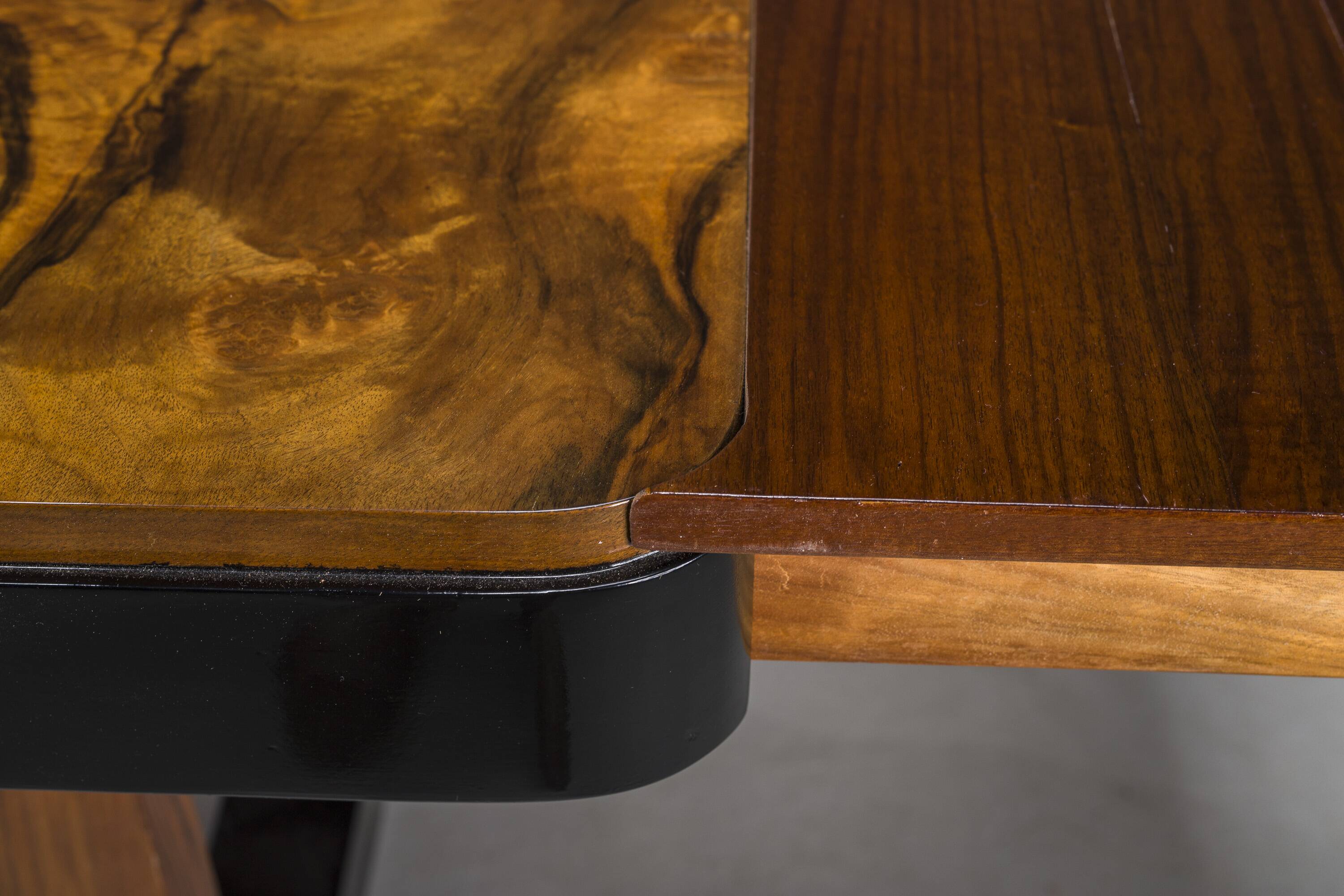 Art Deco French Walnut & Burl Dining Set, 1930s, Set of 7