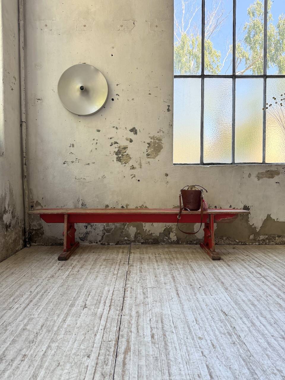 1950s oak bench with red patina, 2m