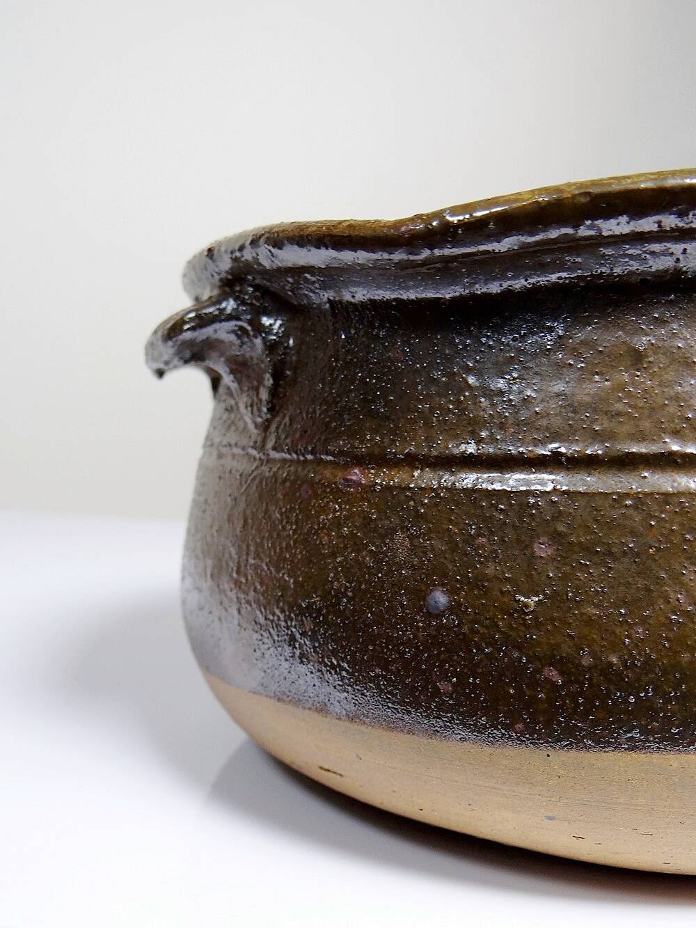 Antique 20th century enamelled Puisaye stoneware pot/bowl with ears