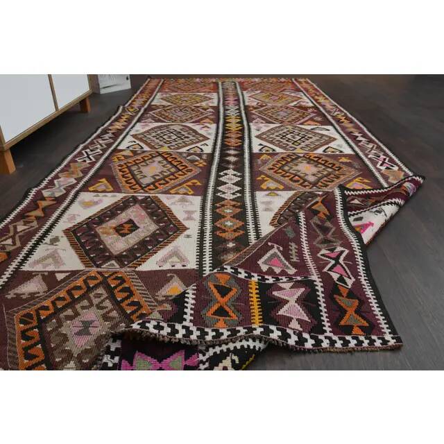 1970s Vintage Turkish Oushak Handmade Wool Cotton Brown Runner Rug 135x300