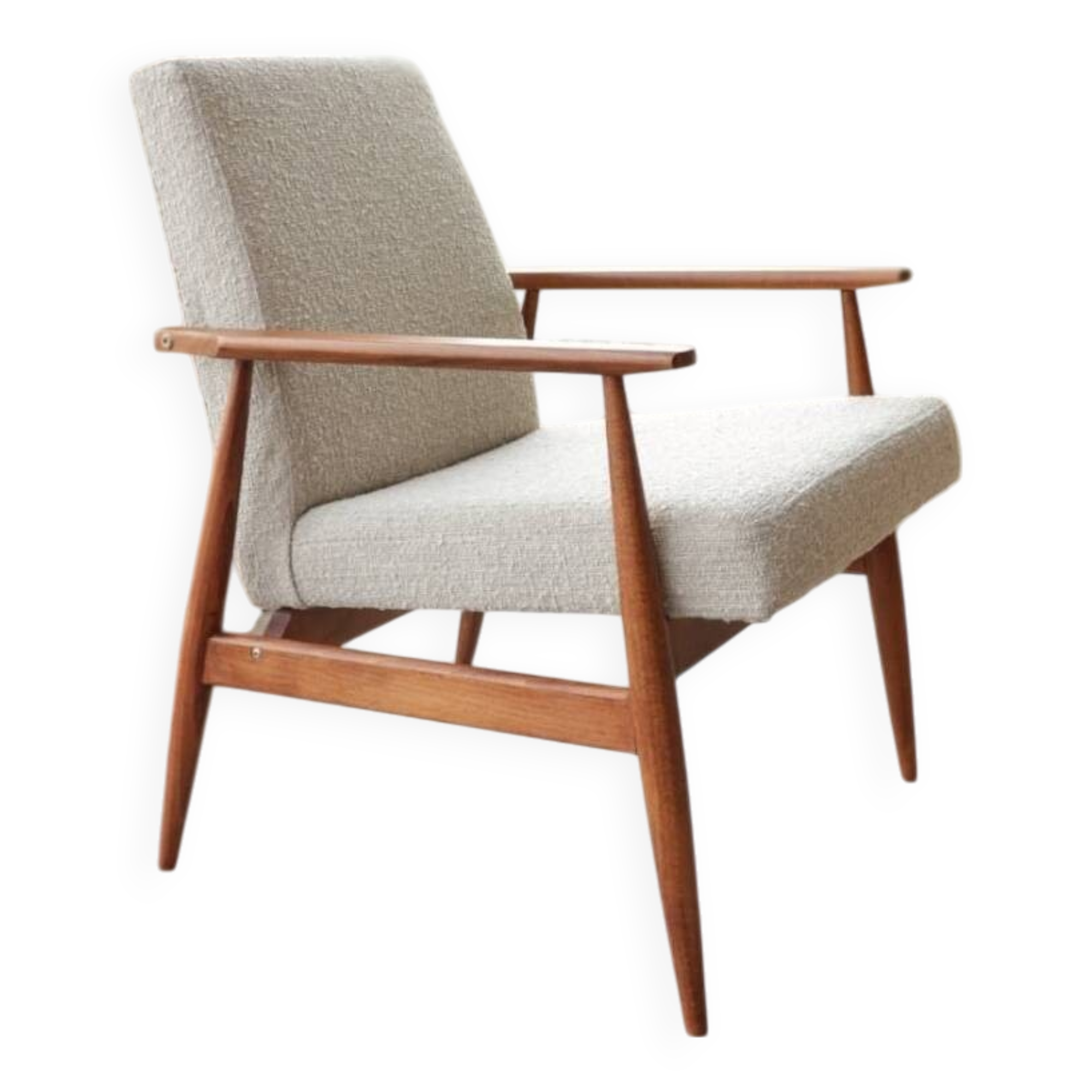 Fauteuil bouclé vintage bois couleur noyer tissu gris champagne design mid