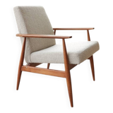 Fauteuil bouclé vintage bois couleur noyer tissu gris champagne design mid