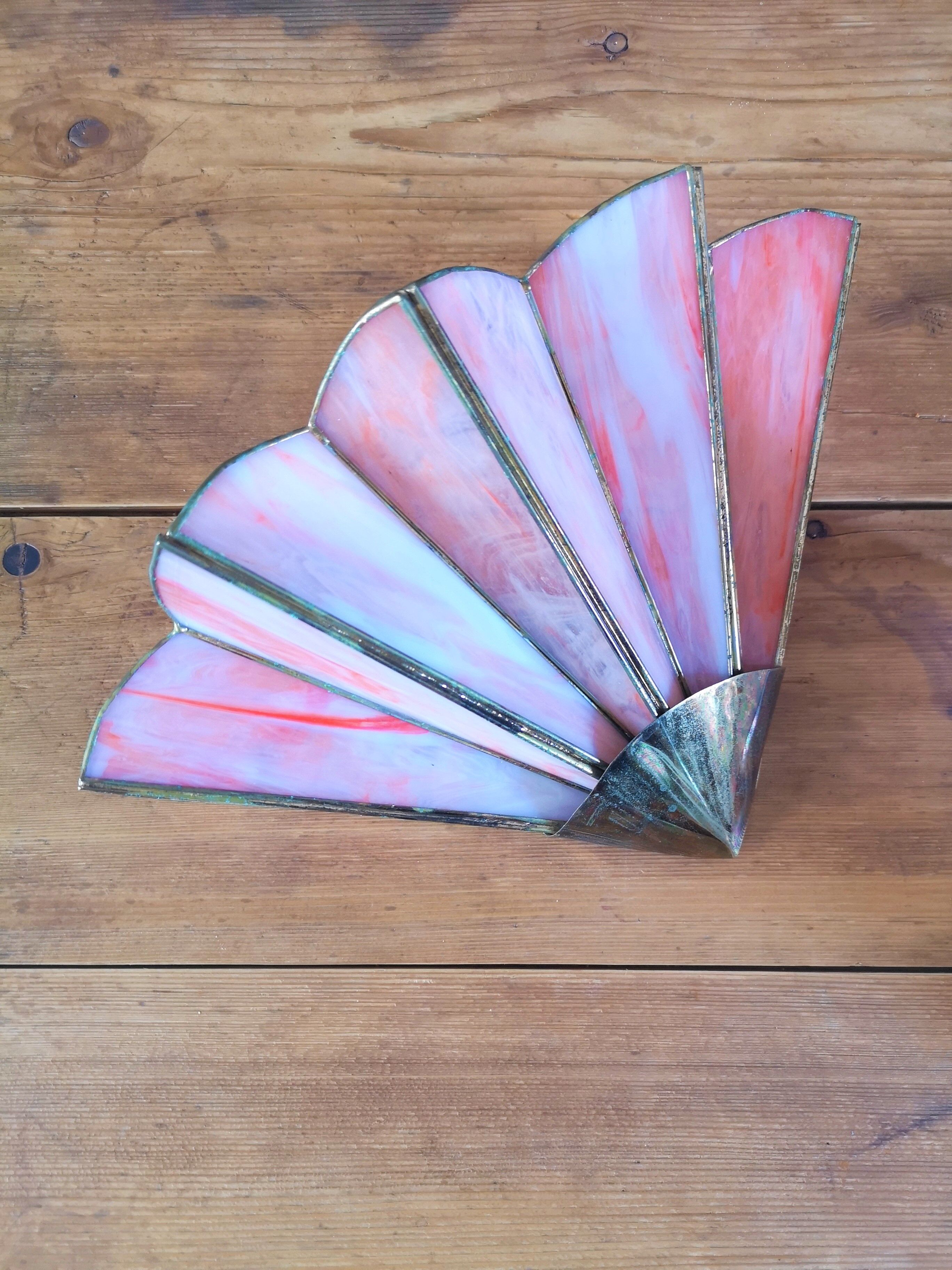 Pair of art deco fan wall light in brass and glass paste