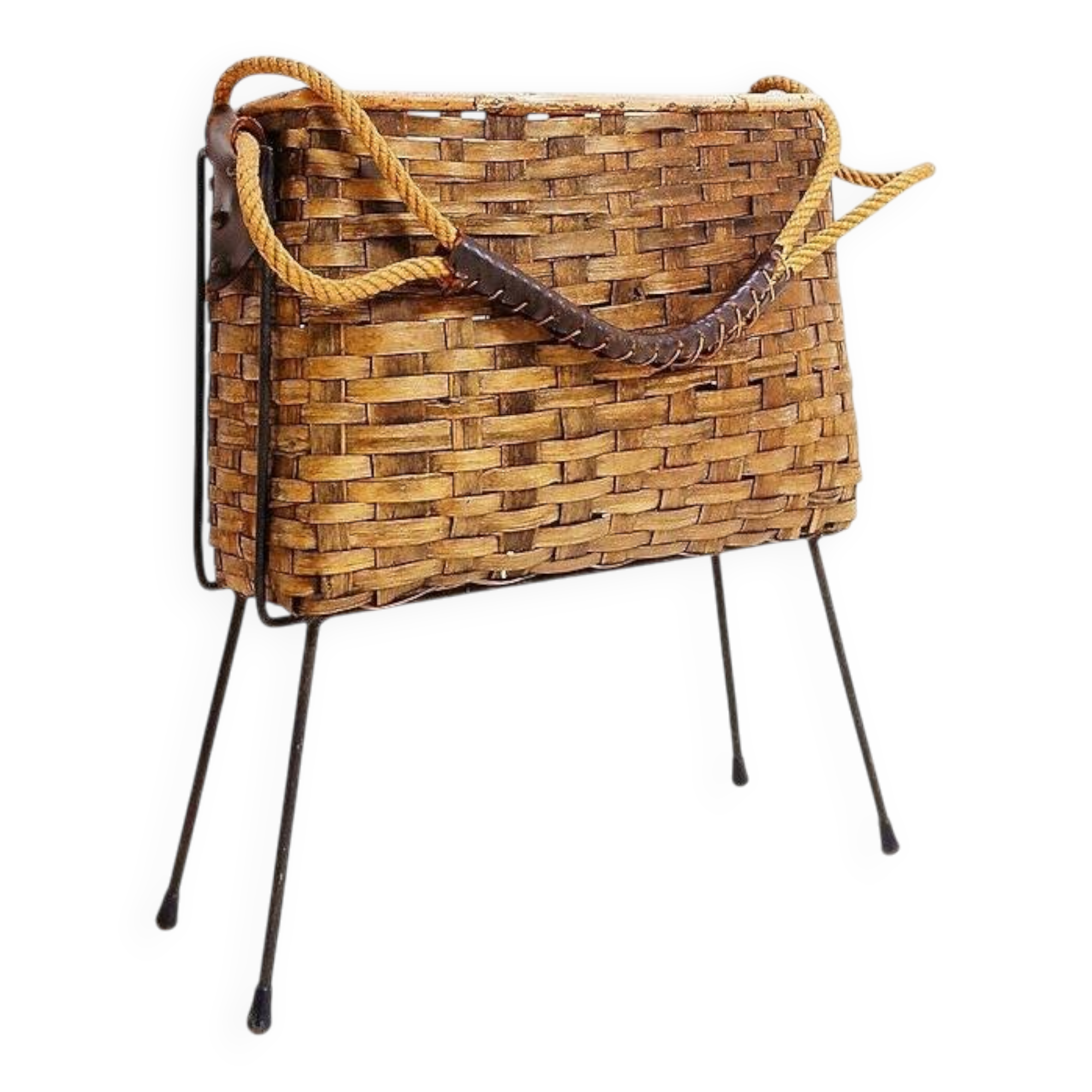 Vintage wicker and metal magazine rack - 1960s