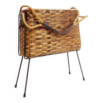 Vintage wicker and metal magazine rack - 1960s