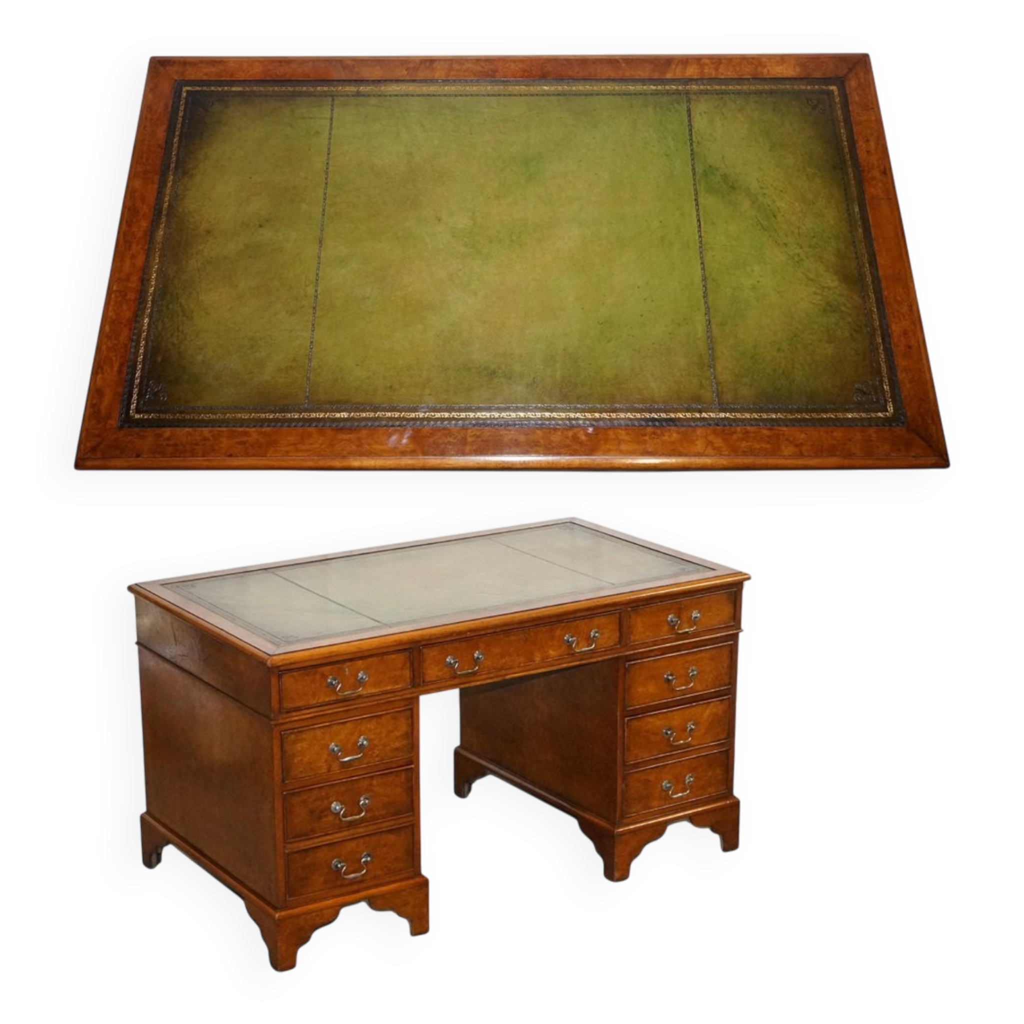 Victorian Pedestal Desk in Walnut and Hand-Dyed Leather