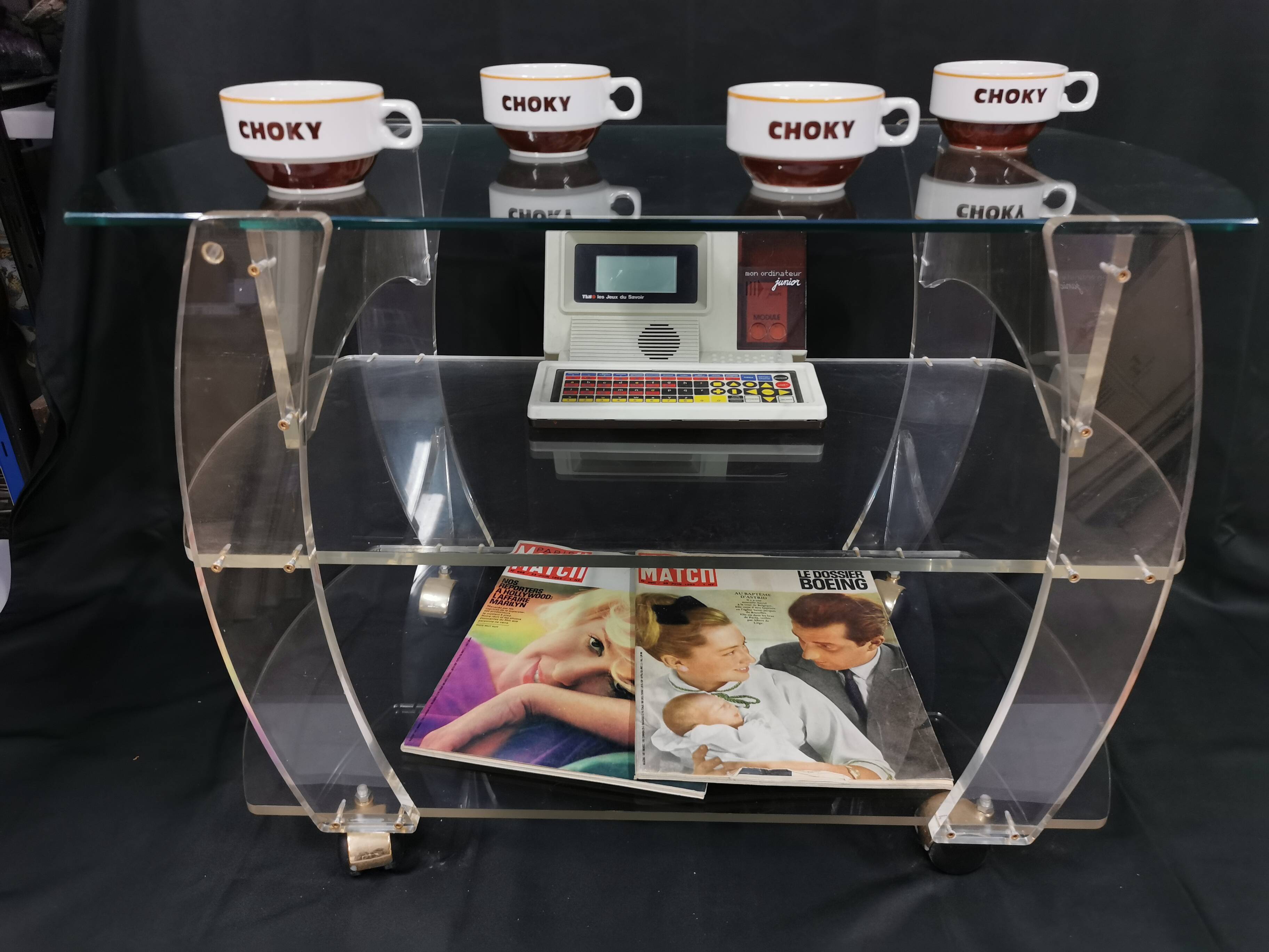 Vintage plexiglass trolley, david lange table on wheels