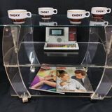 Vintage plexiglass trolley, david lange table on wheels