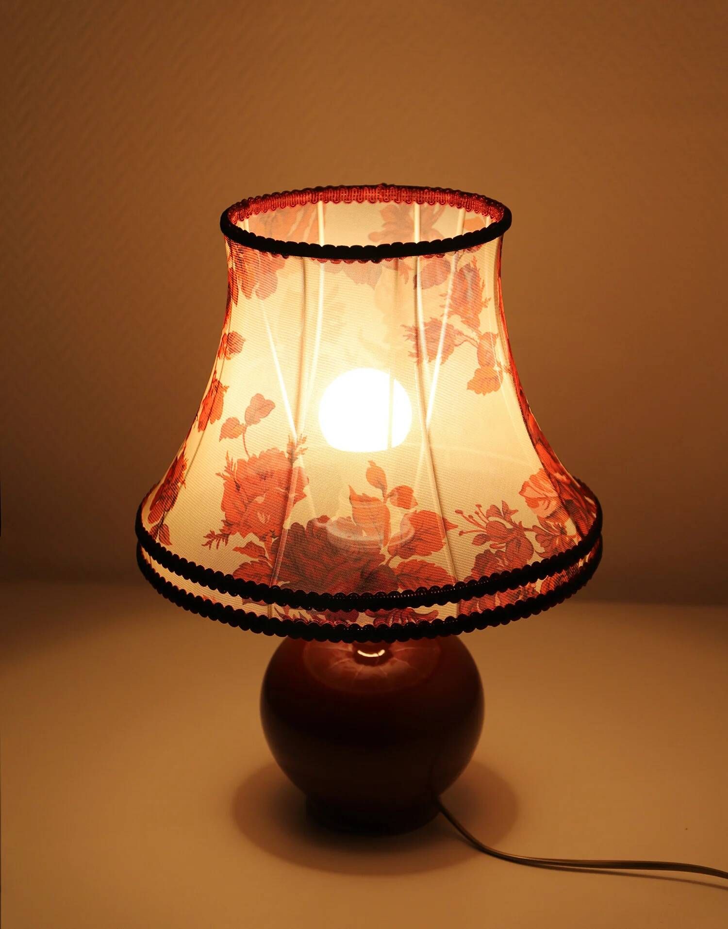 Recycled vintage lamp — burgundy ceramic base, floral voile shade