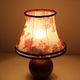 Recycled vintage lamp — burgundy ceramic base, floral voile shade
