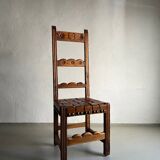 2 brutalist carved wood dining chairs with leather seat | The Netherlands | 1970s