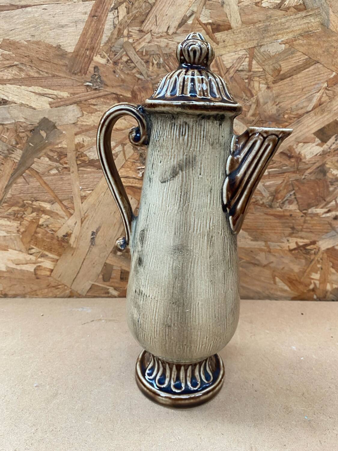 Antique teapot shaped pitcher ceramic brown beige vintage ducks decor