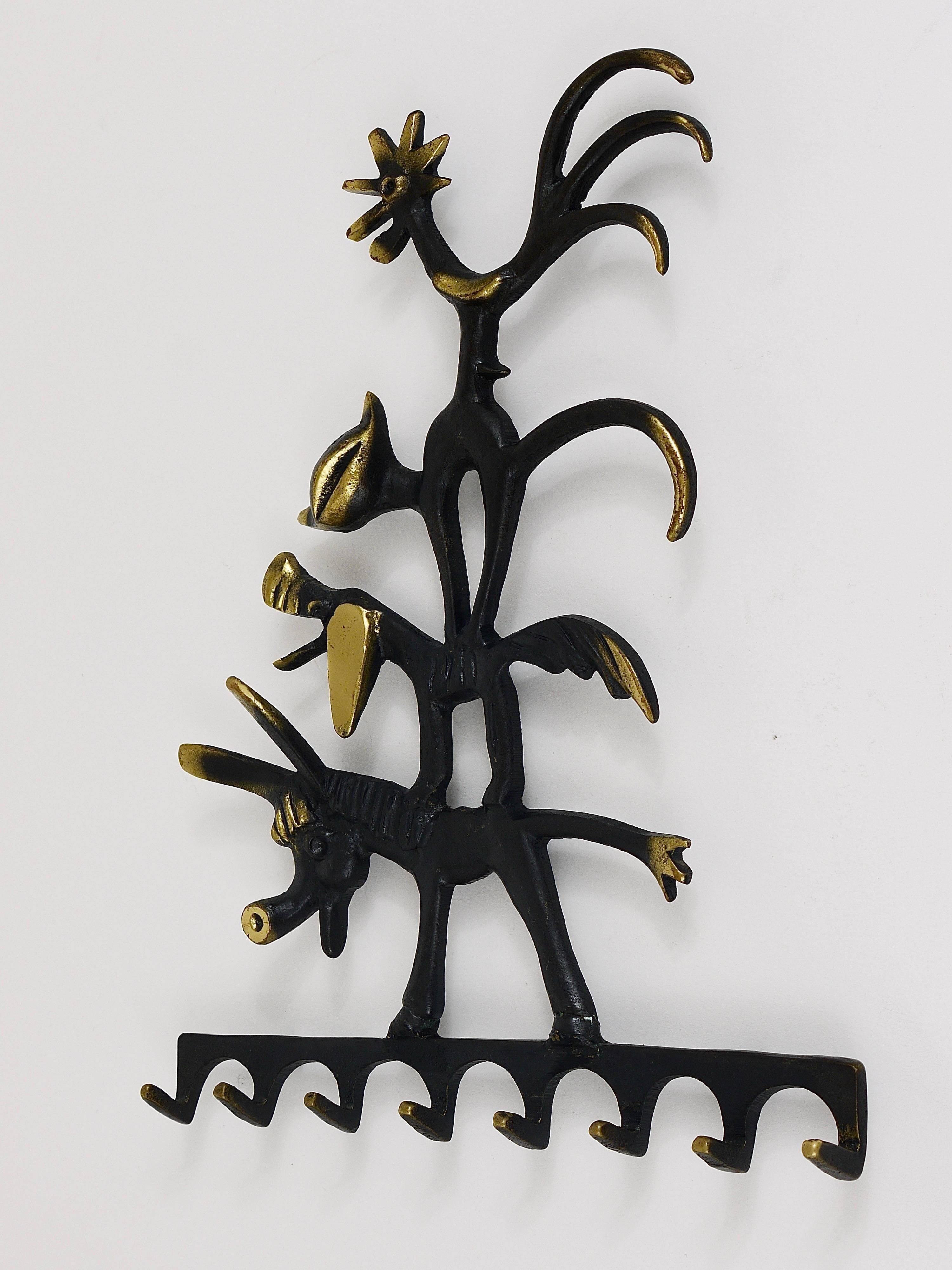 Walter Bosse brass keychains of a donkey, dog, cat, and rooster, Herta Baller, Austria