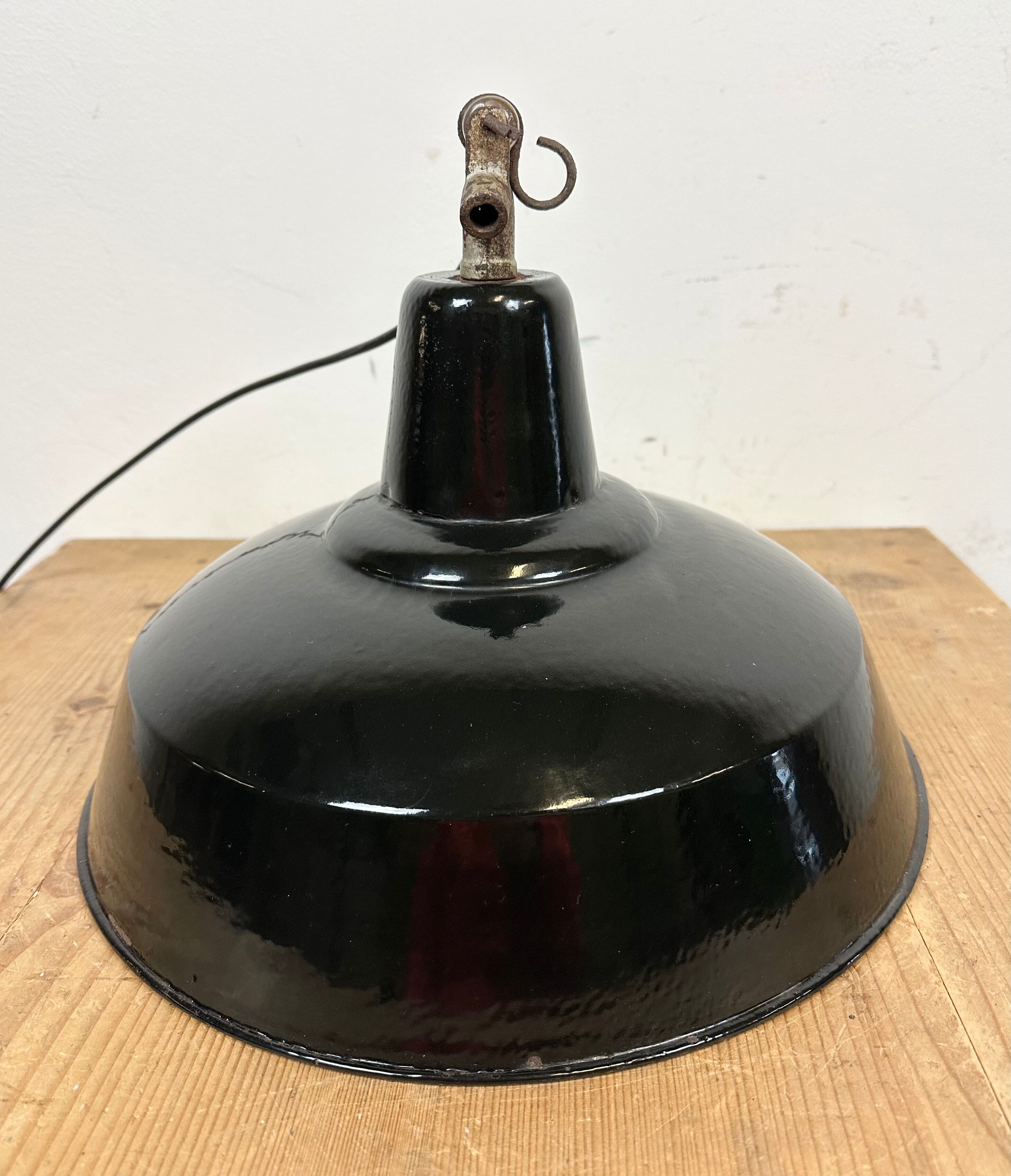 Industrial Black Enamel Factory Lamp with Cast Iron Top, 1950s