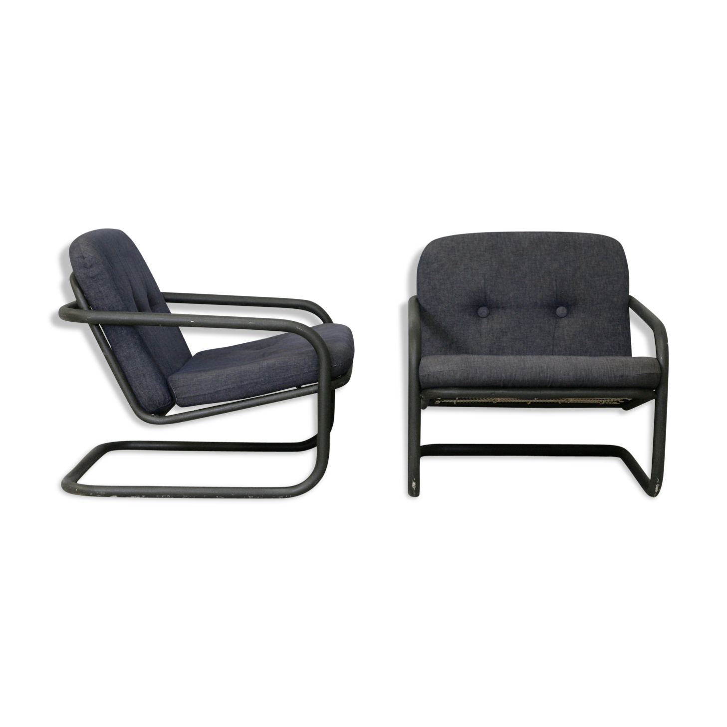 Pair of Prisunic edition armchairs, tubular steel and foam cushions, France, 1973