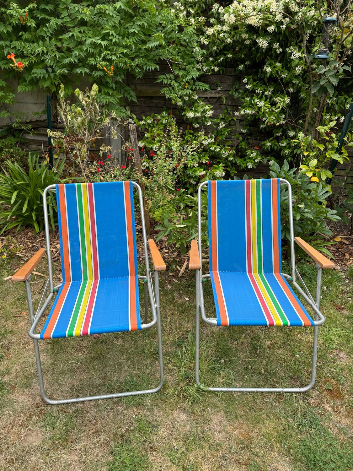 Pair of vintage nylon canvas folding garden armchairs
