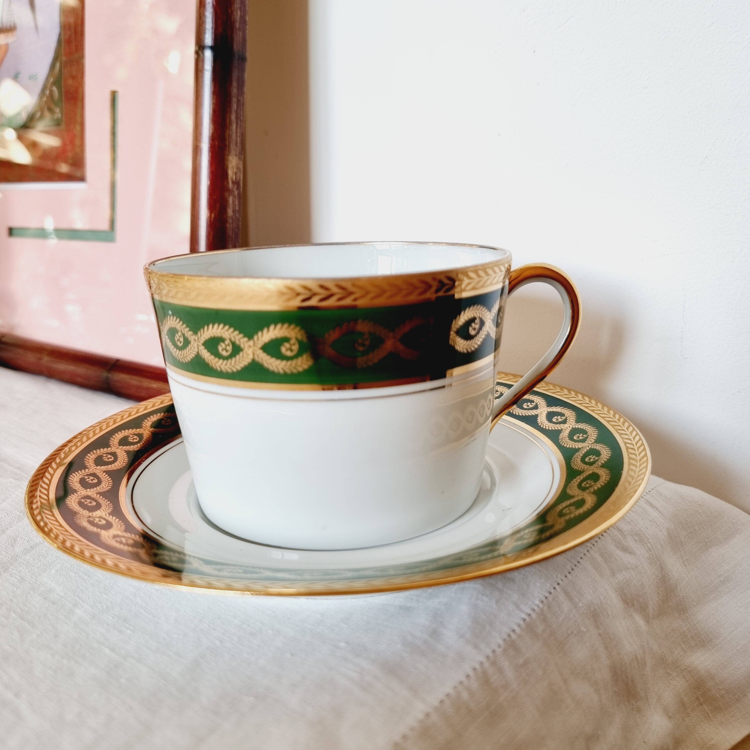 Large Fine Porcelain Cup and Saucer by Artist R. Sechet for Limoges Empire Style Lou