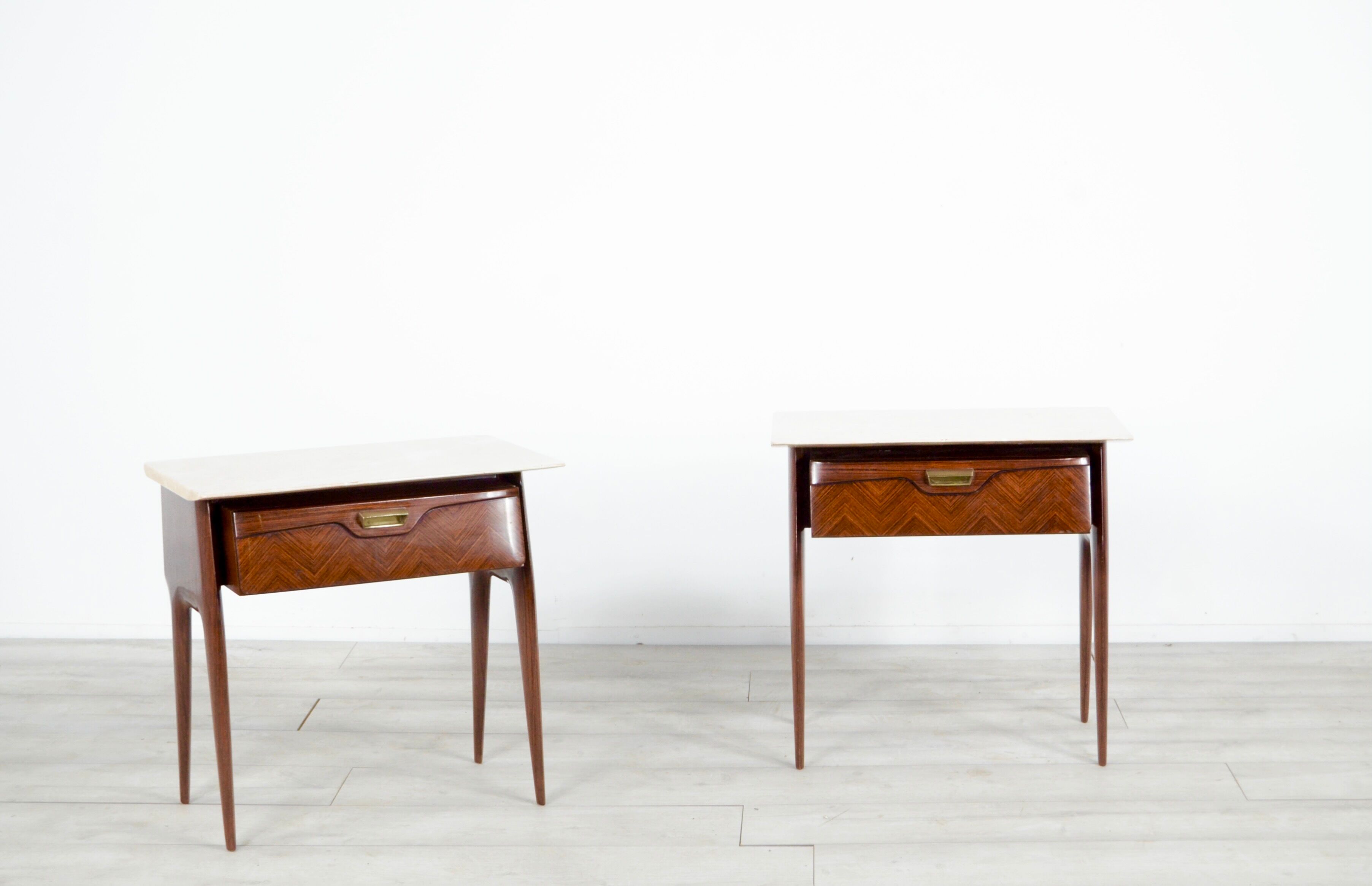 Set of 2 italian midcentury rosewood, carrara marble and brass bedside tables / cabinets. vintage