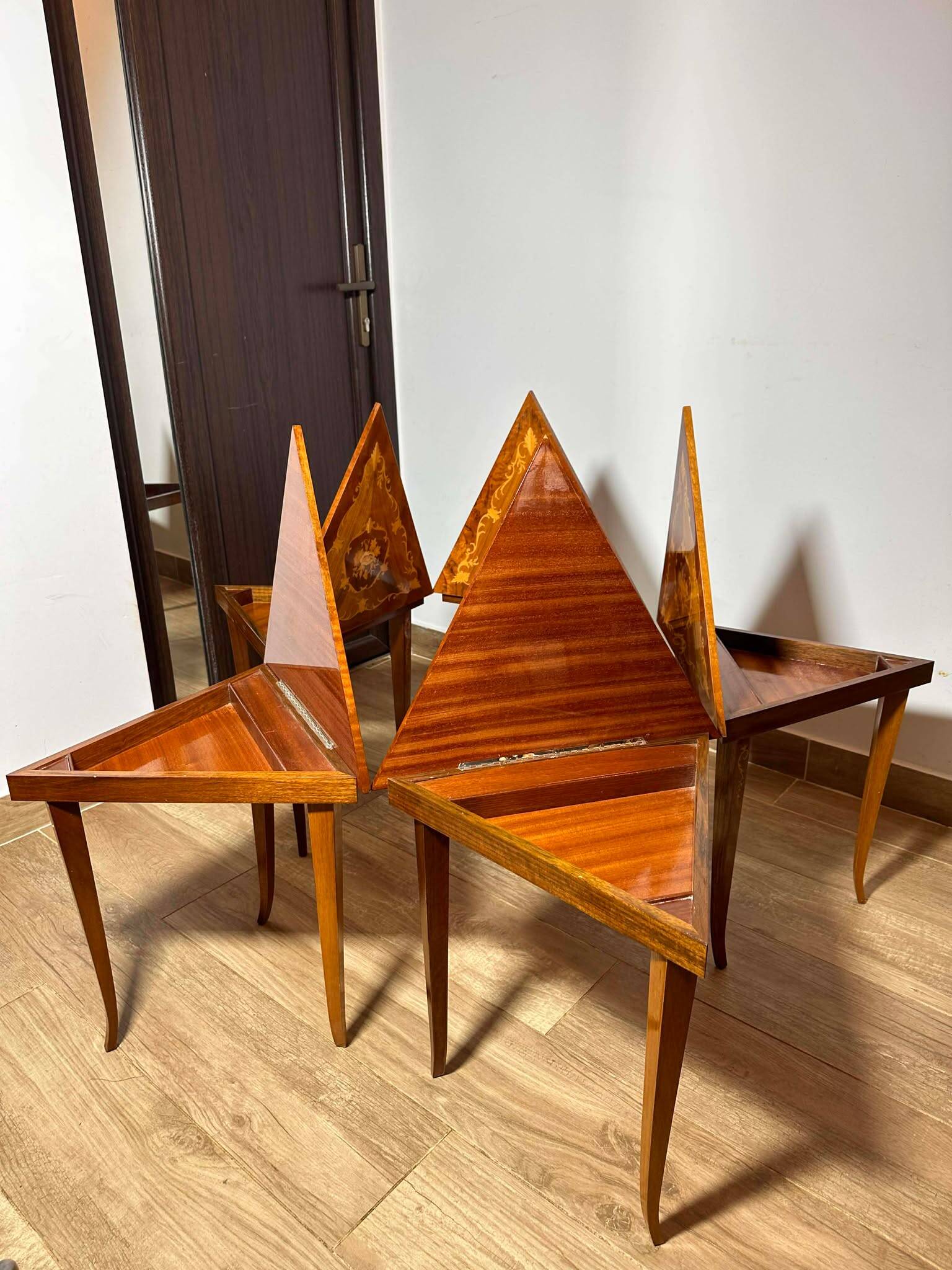 Italian Marquetry Five Piece Triangle Table