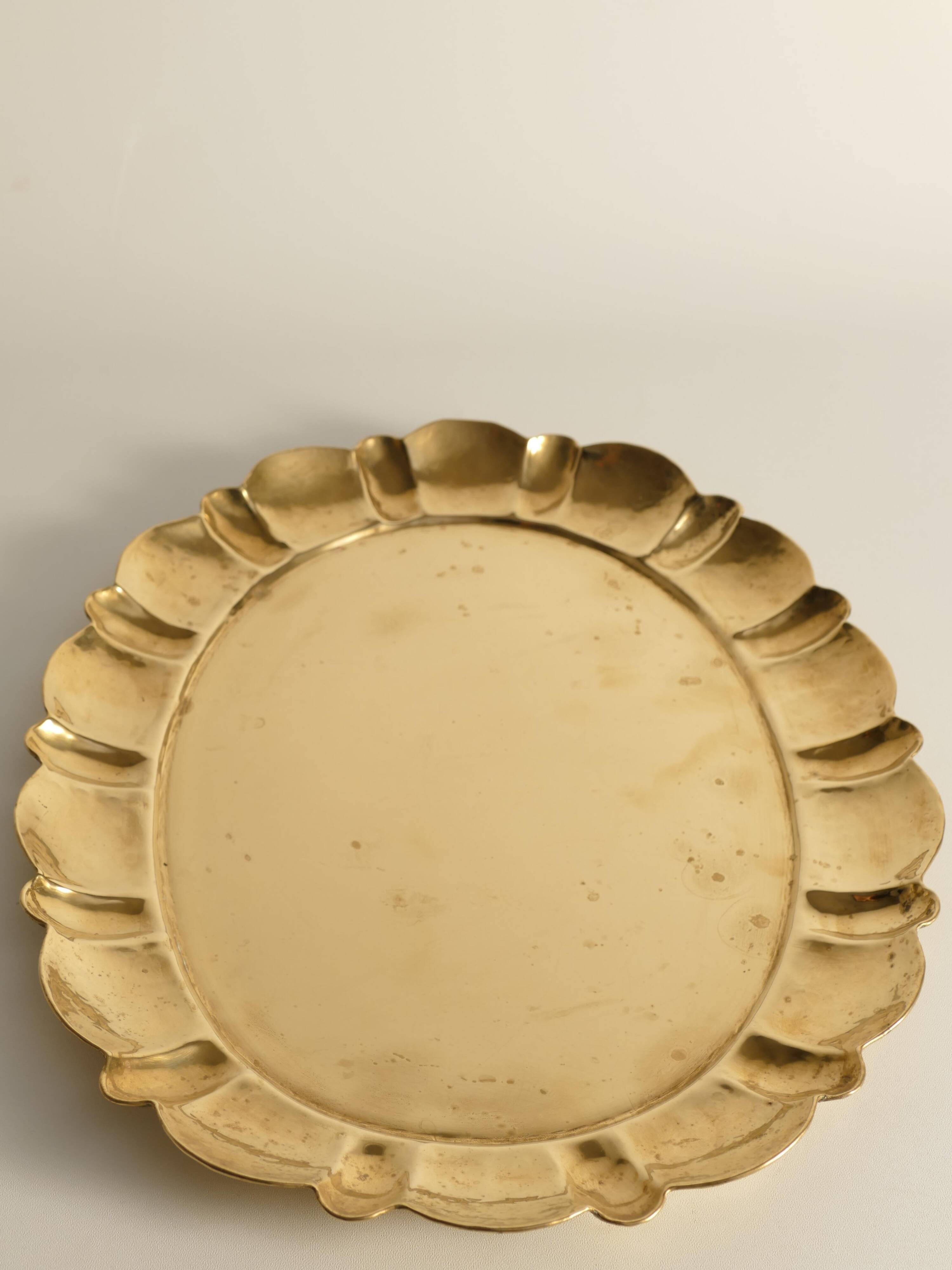 Hollywood Regency Large Oval Brass Tray by Firma Lars Holmström, Sweden 1940's