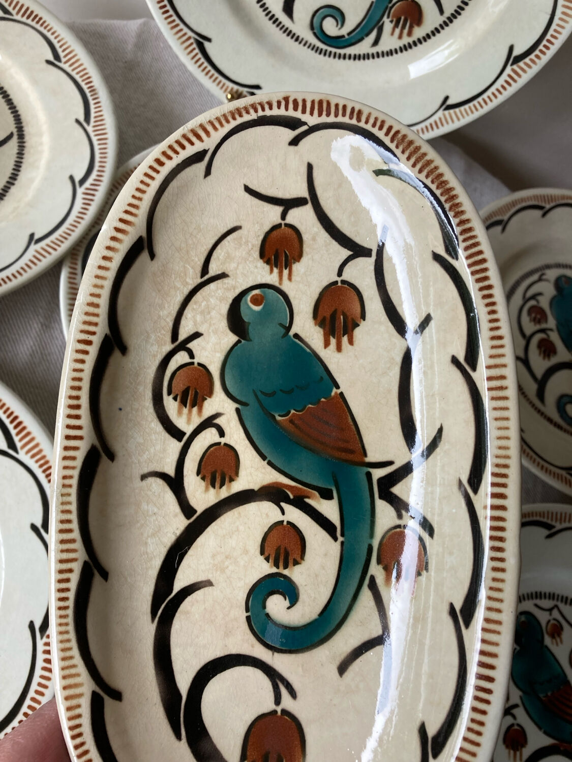 Dessert plates and serving dish, K&G Luneville, parakeet model.
