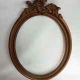Cadre ovale ancien en bois et stucs + vitre ancienne verre soufflé - 27 x 21 cm
