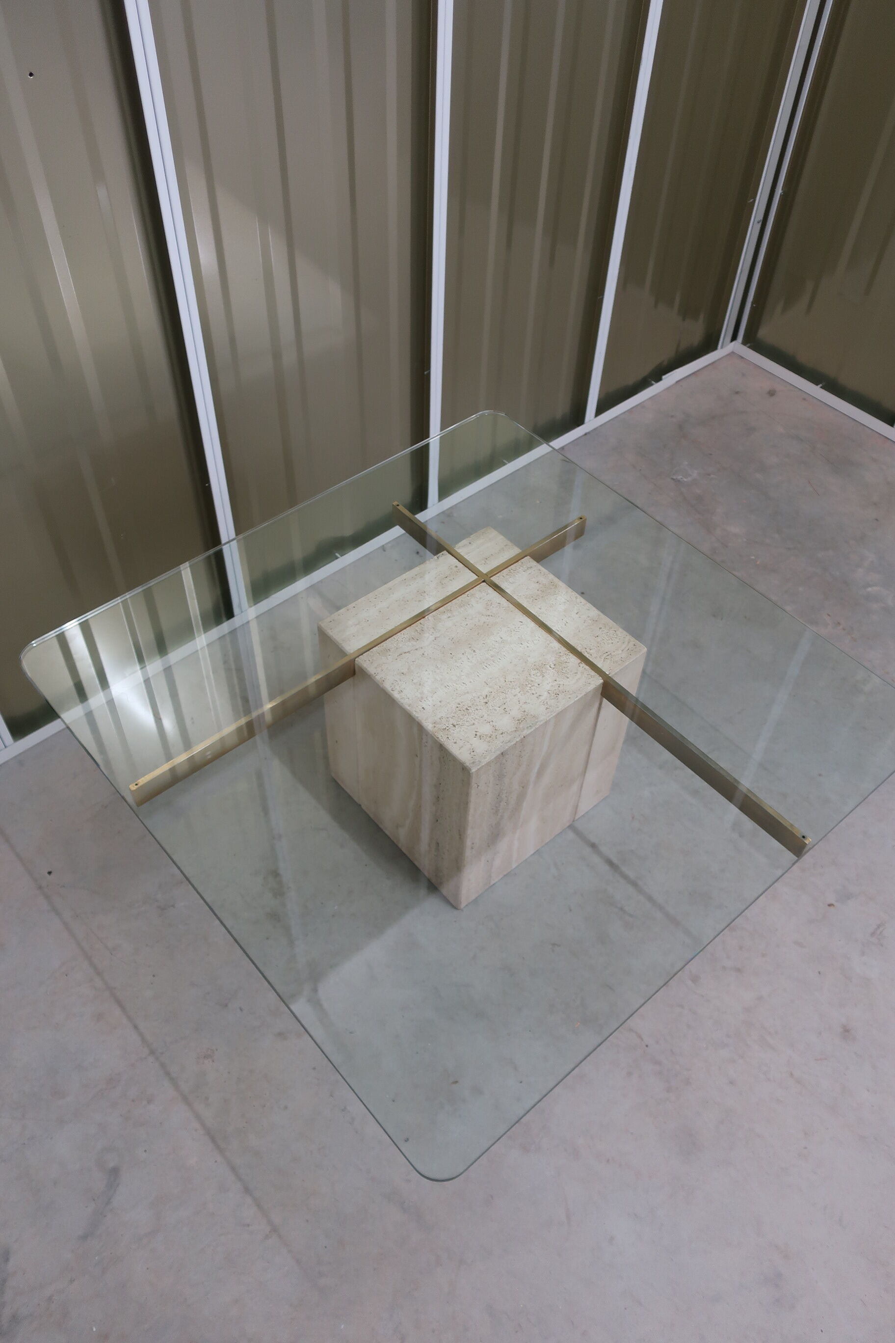 70s travertine and brass coffee table