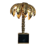Lampe palmier en metal doré avec socle en plaque de verre style année 70
