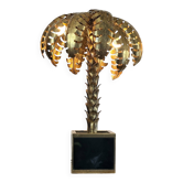 Gold metal palm lamp with glass plate base in 70s style