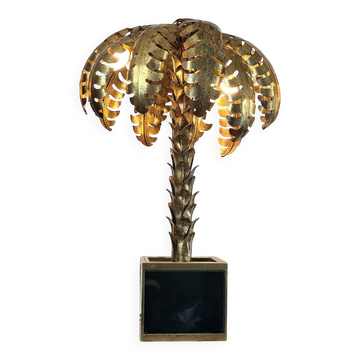 Gold metal palm lamp with glass plate base in 70s style